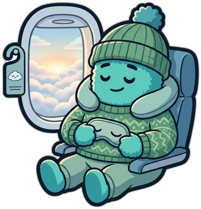 Teal SearchSpot mascot looking out from a plane window fridge magnet